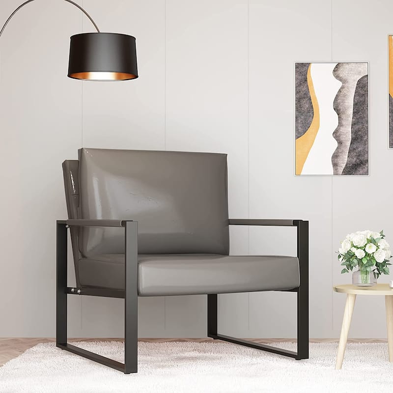 Mieres Mid-Century Style Faux Leather PU Accent Chair, Armchair with Steel Frame