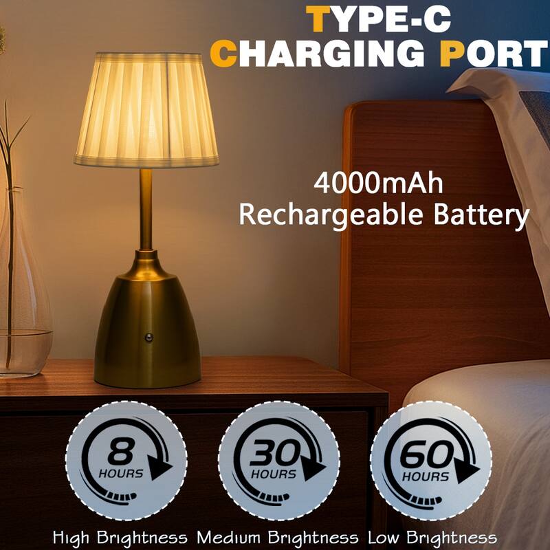 14'' Classic Fabric Shade Rechargeable LED Table Lamp Touch Control Cordless USB Nightstand Lamp with Stepless Dimming(2 Pack)