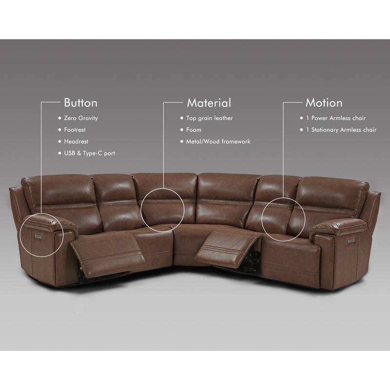 108" W Premium Genuine Leather Dual-Power Sectional Sofa with Zero Gravity, USB & Type-C Ports and 1 Power armless chair