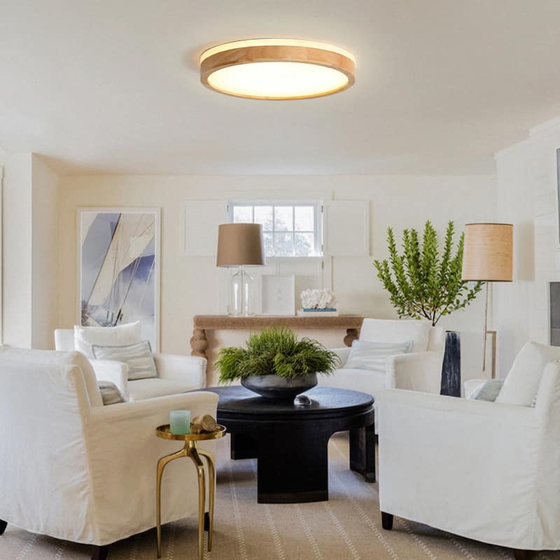 Modern Natural Round Wooden Dimmable LED Flush Mount Ceiling Light - 23.6 in
