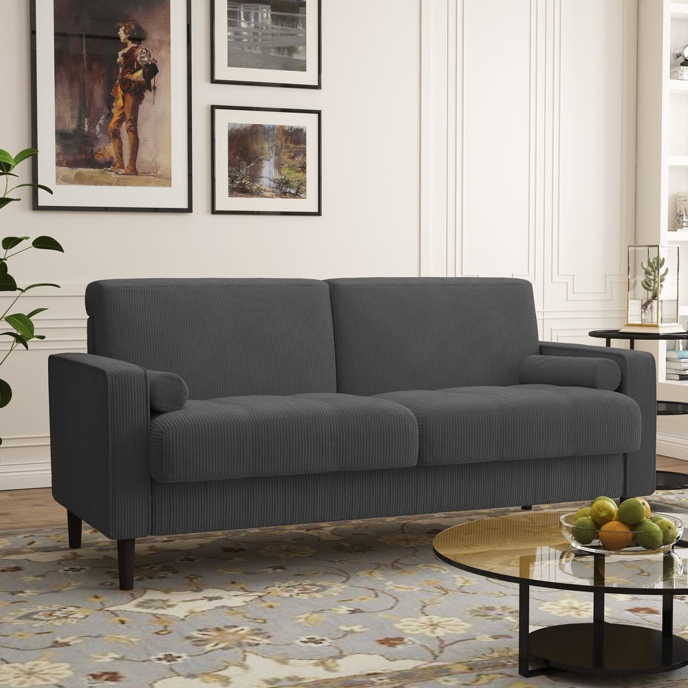 Corduroy Solid Wood Legs Modern Loveseat Sofa with Bolster Pillows
