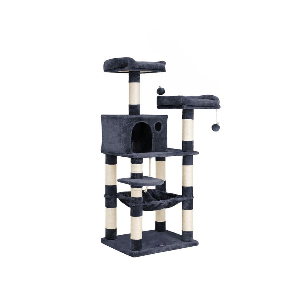Smoky Grey Multi-Level Cat Tree with Sisal-Covered Scratching Posts Ideal for Indoor Cat