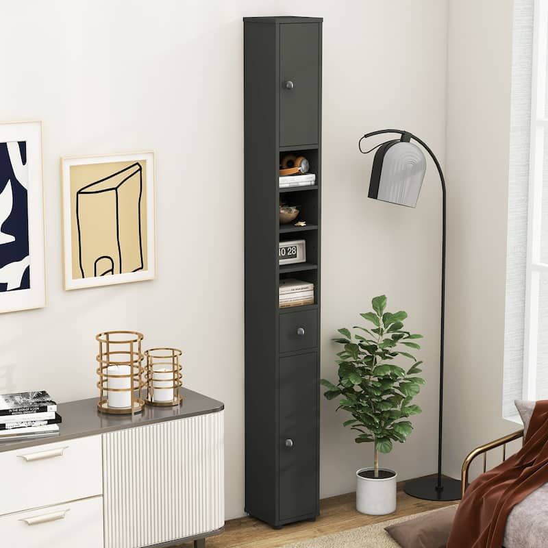 Gymax Tall Slim Bathroom Storage Cabinet Linen Tower w/Drawer