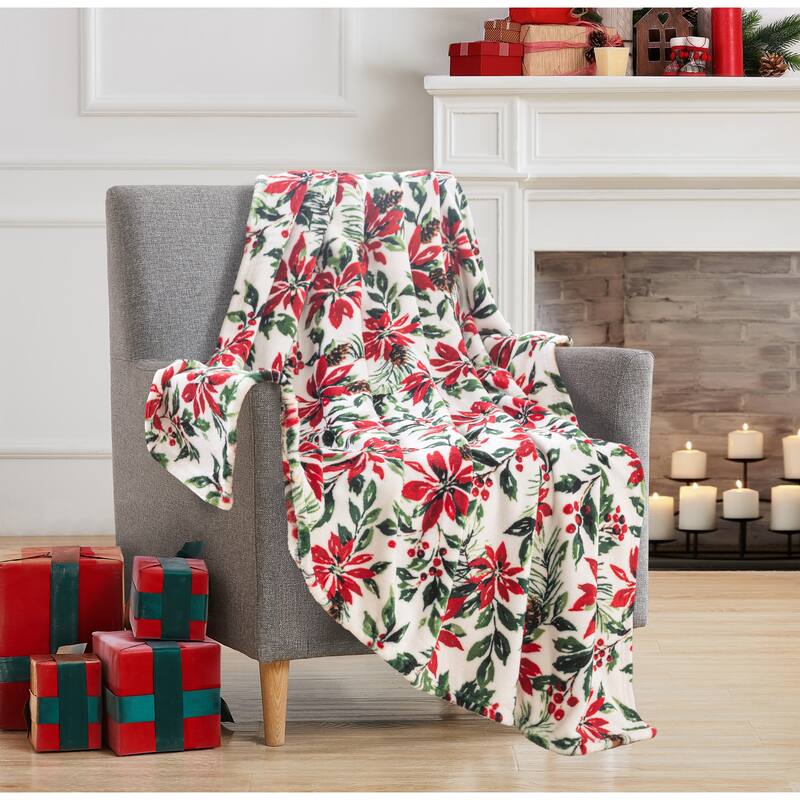 Xmas Poinsettia Painted 50"x 60" Printed Throw - White