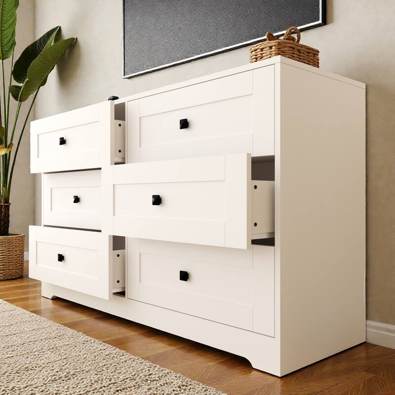 Farmhouse White 6 Drawer Dresser with Barn Door Style, Chest of Drawers Storage Cabinet for Bedroom Living Room
