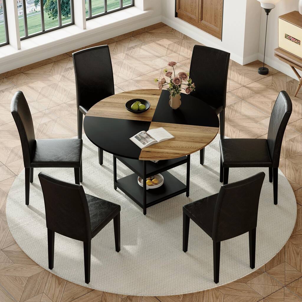 Round Dining Table with Double-Laye Storage, Wood and Black Fan Panels, Rust Proof Metal Legs, Non-Slip Mats