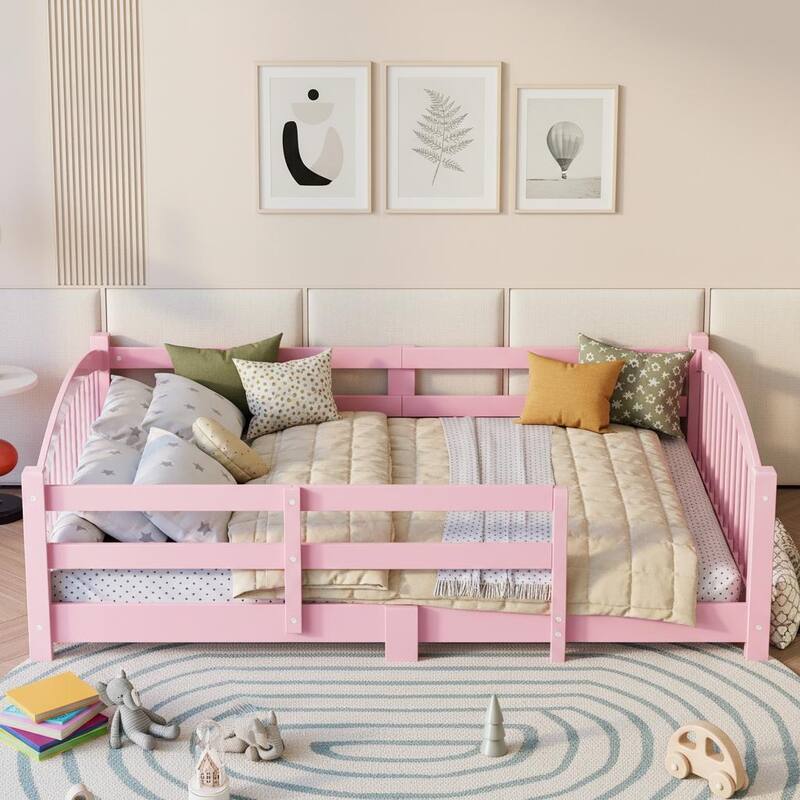 Montessori Solid Pine Floor Bed with Full-Length Safety Fence & Slatted Base by Harper&Bright Designs - Pink - Full