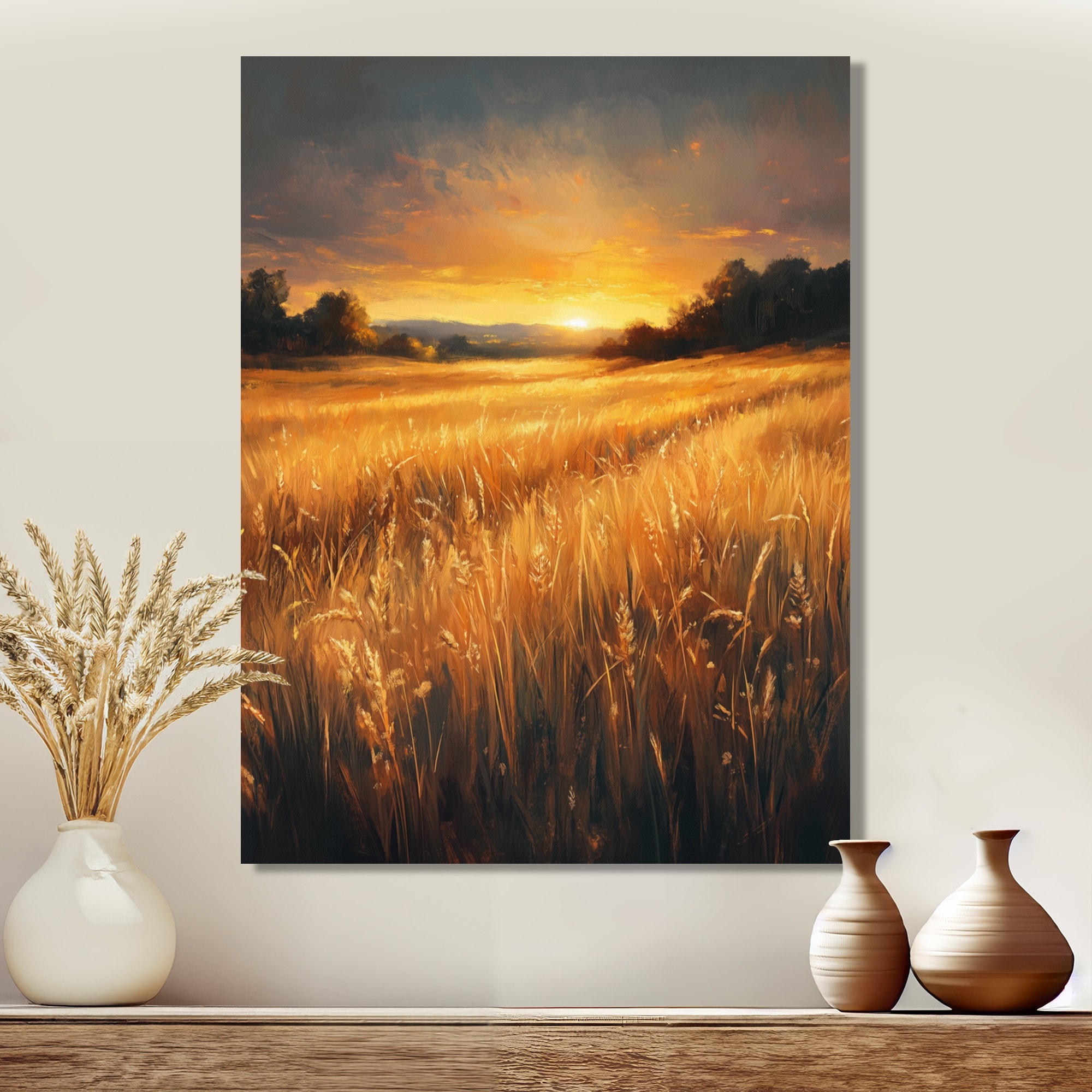 Designart Golden Wheat Meadow Sunset II - Scenic Wrapped Canvas Wall Art Print