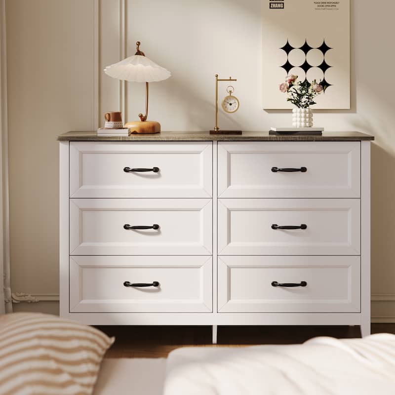 43.3" W 6 Drawer Dresser, Wood Storage Closet Dressers Chest of Drawers for Bedroom