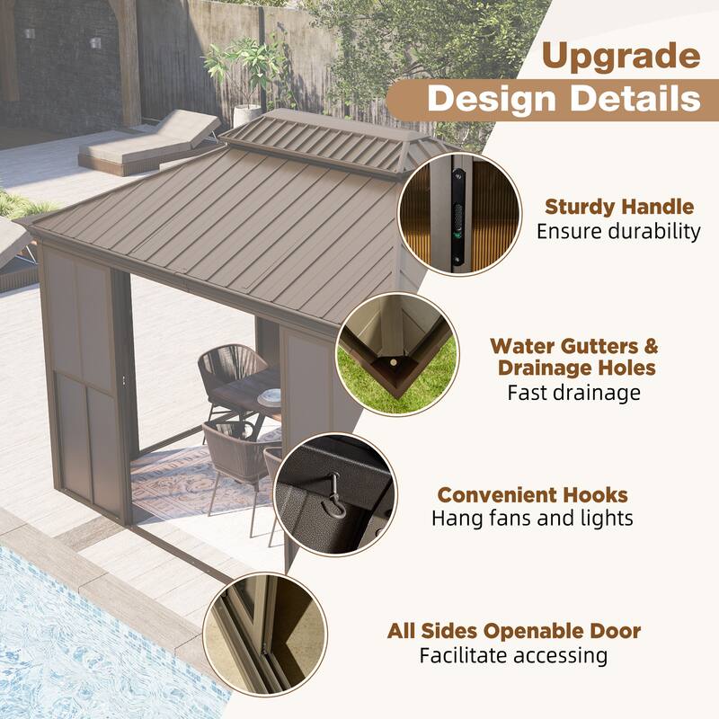 Hardtop Gazebo with Double Steel Roof, Sliding/Lockable Doors & Screens - All-Season Rustproof Aluminum Frame，Advanced Drainage