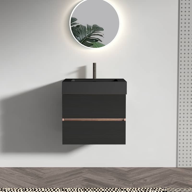 24" Bathroom Vanity with Matt Black Engineered Quartz Sink and Soft Black Drawers, Floating Bathroom Vanity - Black+Brown