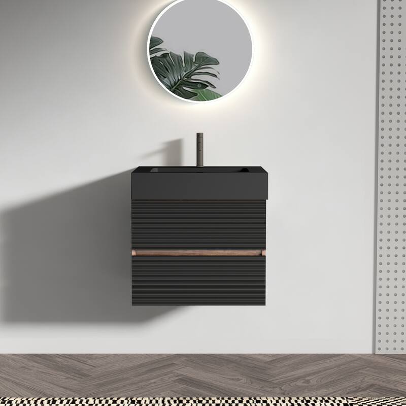 GDFStudio - Oliver Grace Mid-Century Floating Bathroom Vanity with Integrated Basin and Dual Storage Drawers - Black+Brown - 24" Bathroom Vanity