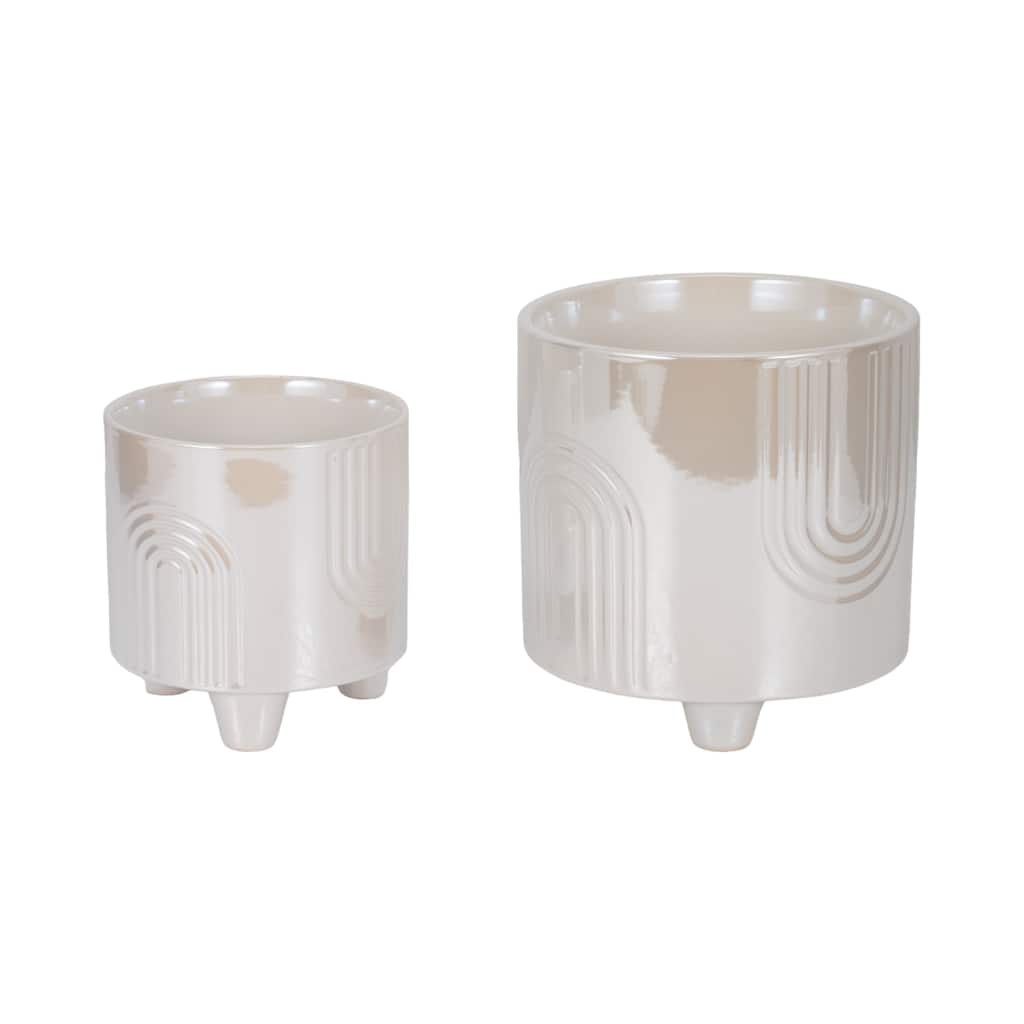 Sagebrook Home Ceramic Iridescent Bravais Footed Planters, Ivory - Perfect Accent for Modern Decor, Set of 2 - 8" x 8" x 8"