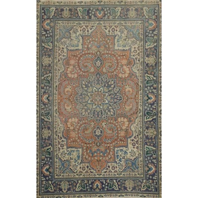 Hand Knotted Oriental 100% Wool Carpet Traditional Floral Oranges & Rust Tabriz Area Rug - 9' 7'' X 6' 4''
