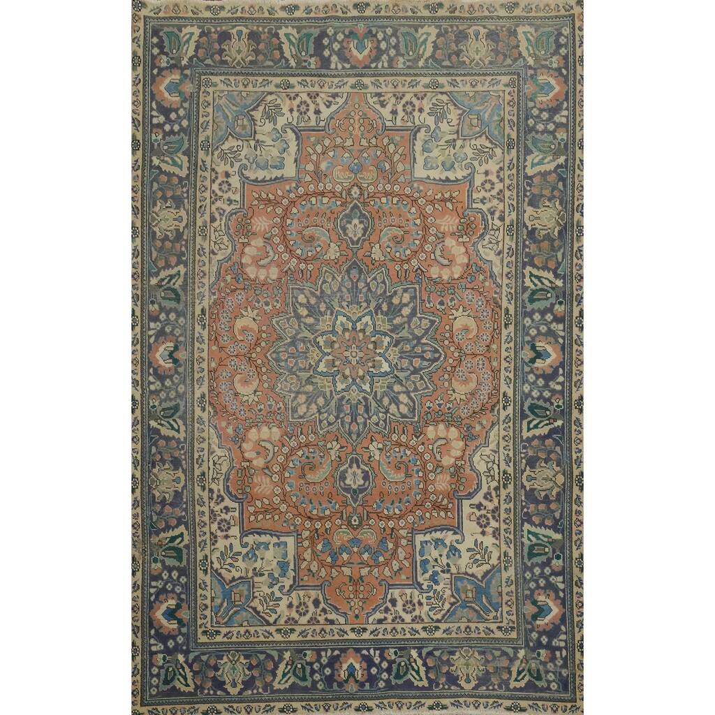Hand Knotted Oriental 100% Wool Carpet Traditional Floral Oranges & Rust Tabriz Area Rug - 9' 7'' X 6' 4''