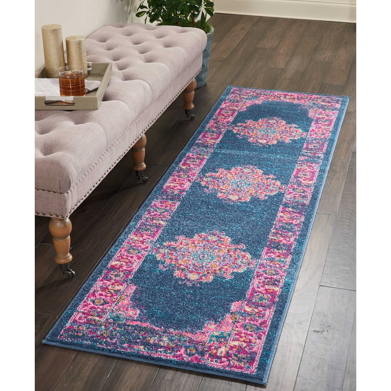 Porch & Den Dobbin Vintage Persian Medallion Farmhouse Area Rug - 1' 10" x 6' - Blue/Pink