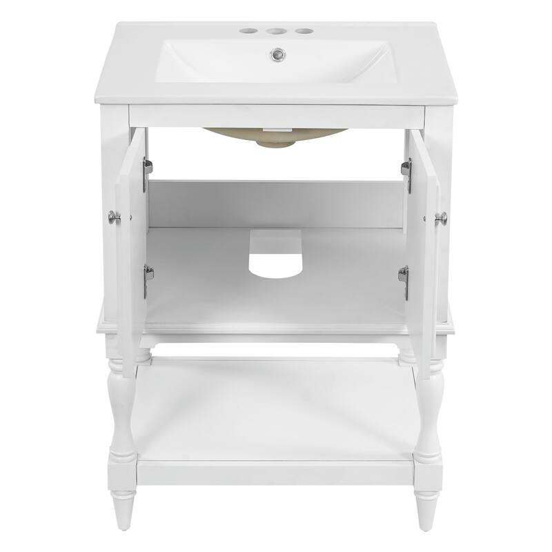 24" Modern Luxury Bathroom Vanity with Ceramic Sink, Freestanding Cabinet with Open Shelf and Enclosed Storage