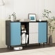 preview thumbnail 1 of 38, Sideboard Cabinet with Doors & 2 Drawers, Freestanding Coffee Bar Cabinet, Accent Cabinet with 2 Open Storage Compartment Black+Blue