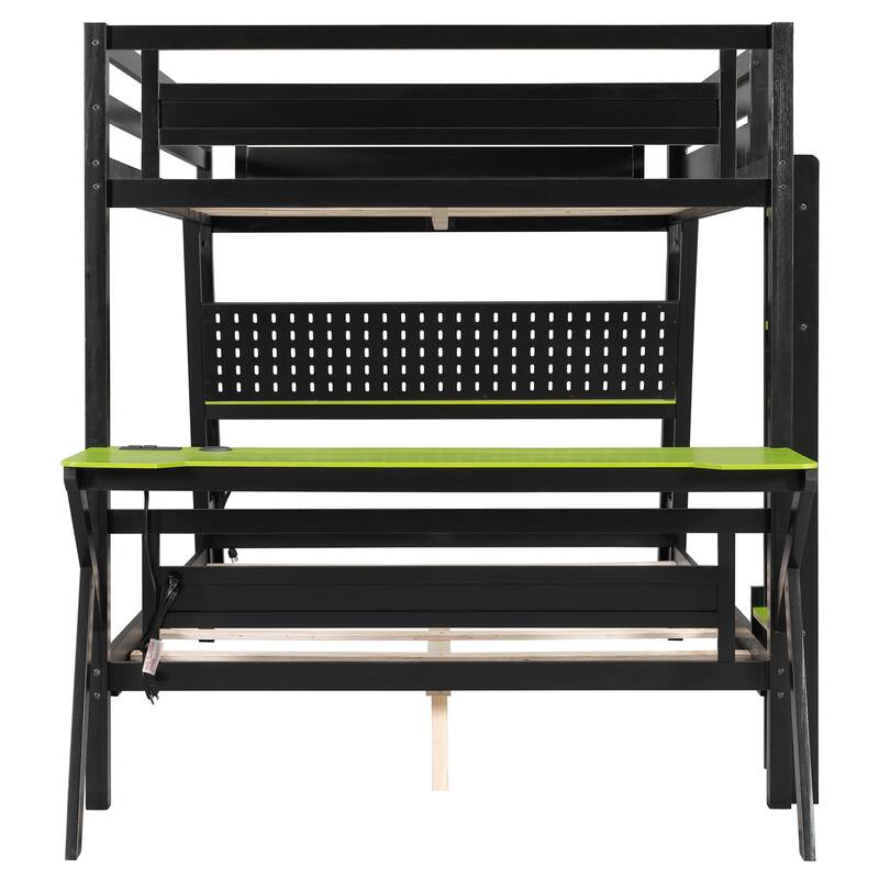E-sports Inspired Bunk Bed with 2 Built-In Gaming Desks, USB Desktop Ports and Pegboard Organizer, Bunk Frame for Teens Gamer