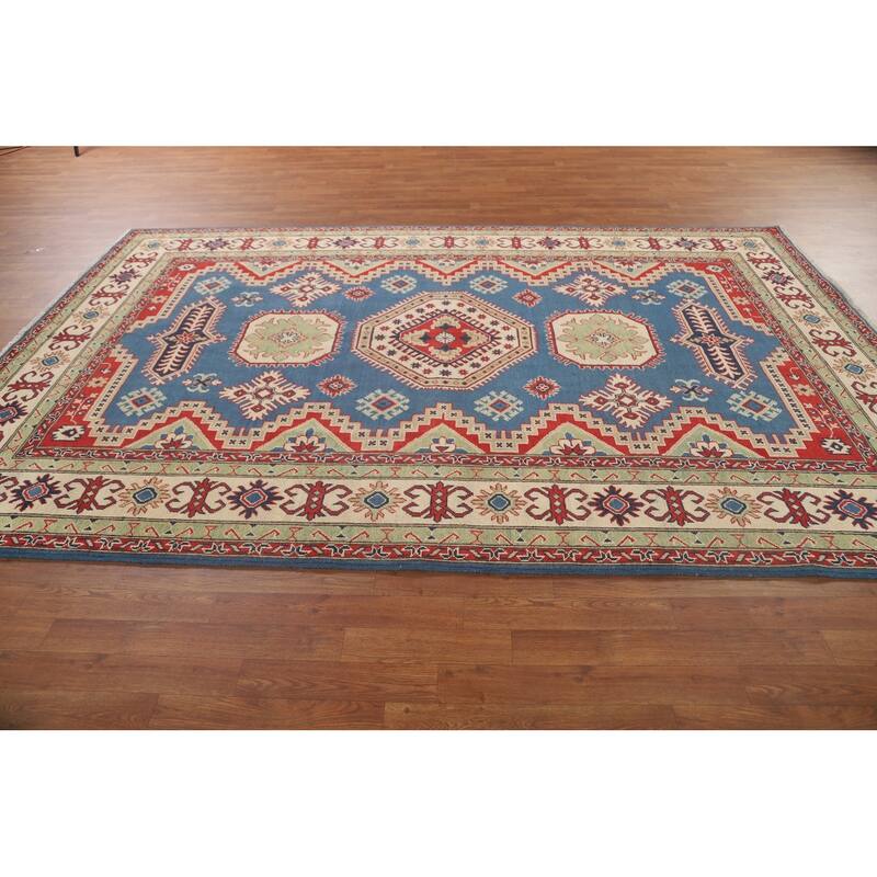 Blue Geometric Kazak Oriental Rug Handmade Traditional Wool Carpet - 6'8" x 10'1"