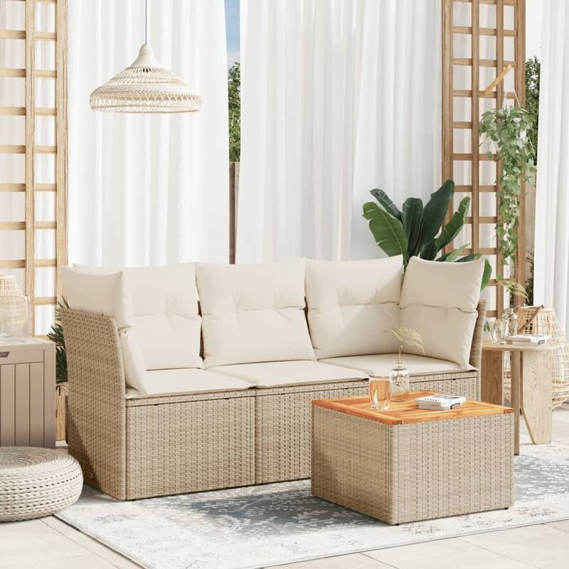 vidaXL Patio Sofa Set with Cushions Outdoor Furniture 4 Piece Poly Rattan - Beige and cream - 21.7" x 24.4" x 27.2"
