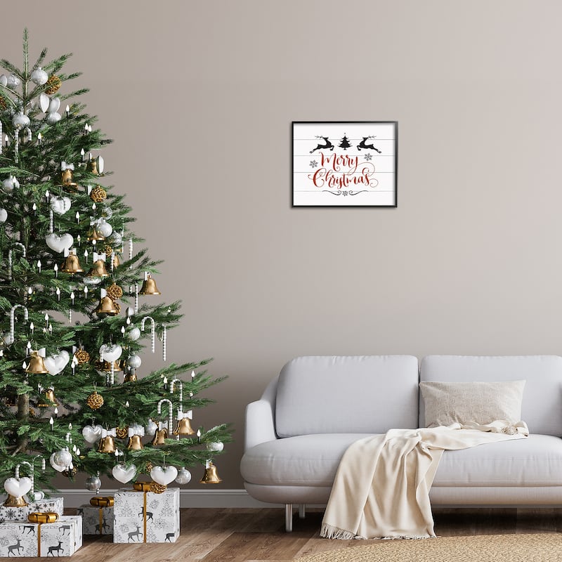 Stupell Merry Christmas Reindeer Black White and Red Framed Art, Design By Artist Lettered and Lined
