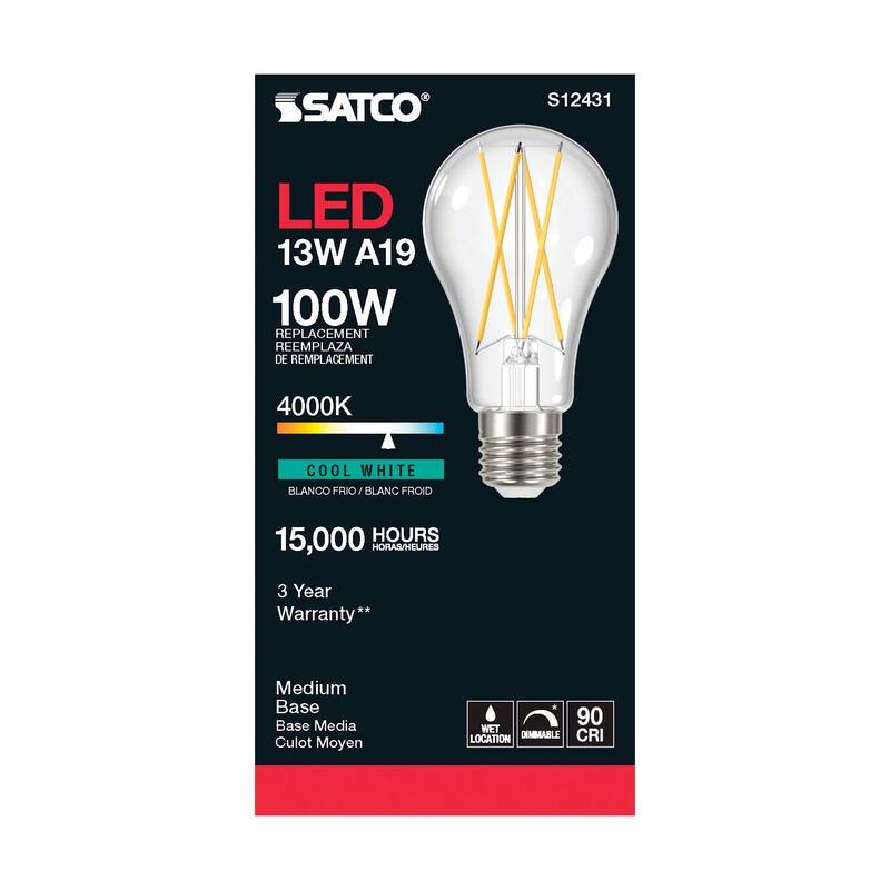 12.5 Watt LED A19 Clear Medium Base 4000K 90 CRI 120 Volt - N/A