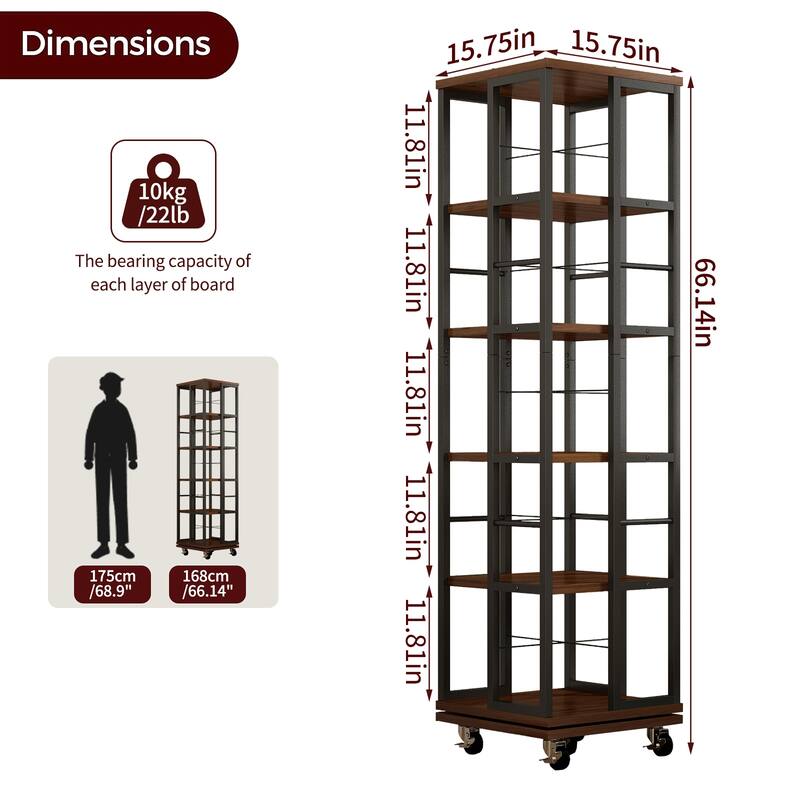 5-Tier 360° Rotating Bookshelf, Corner Spinning Bookcase with Narrow Floor Standing Design