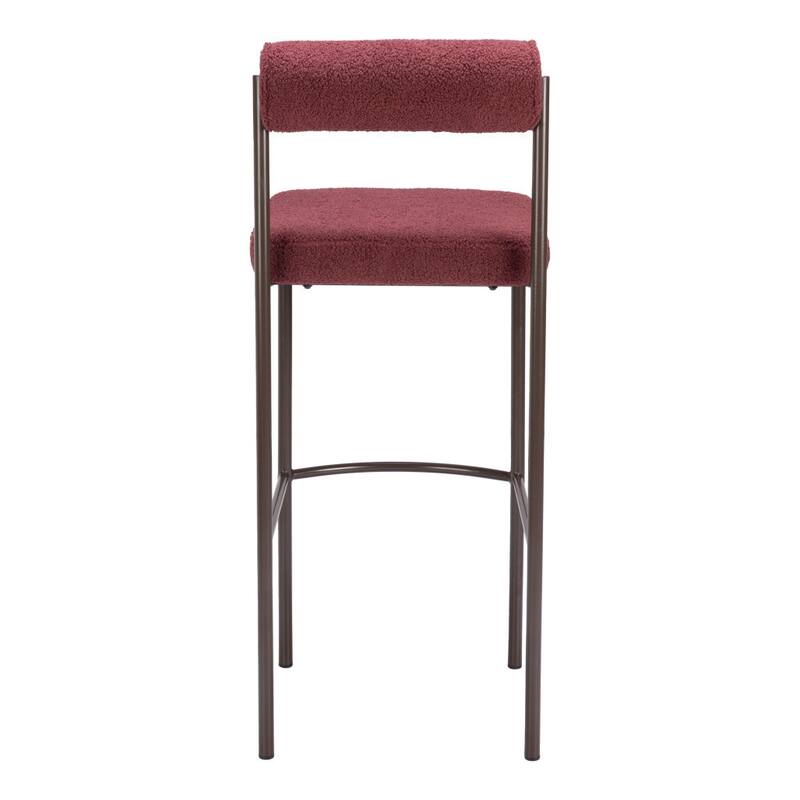Set of Two 30" Red and Bronze Shearling and Steel Low Back Bar Height Bar Chairs