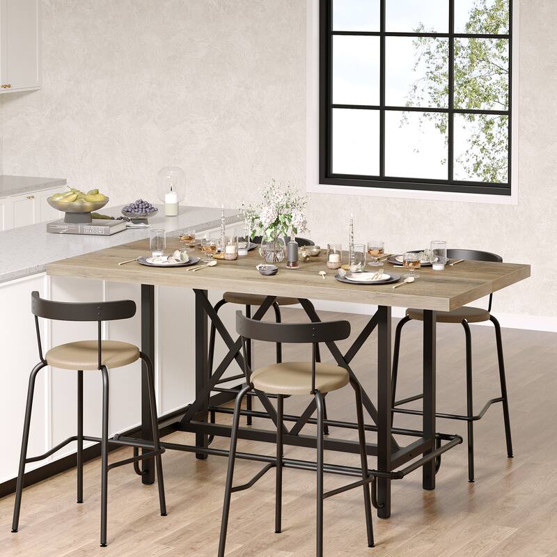 63" Long Wood Dining Table for 4-6 People, Farmhouse Dinner Table with Thick Tabletop, Kitchen Table with Footrest