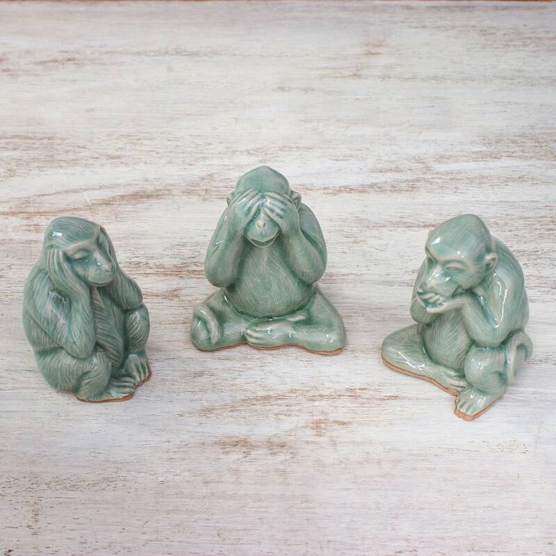 Novica Handmade Offering Wisdom Celadon Ceramic Figurines (Set Of 3)