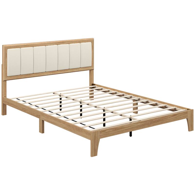 HOMCOM Queen Size Bed Frame with Upholstered Headboard, Platform Bed Frame with Wooden Slats, No Box Spring Needed