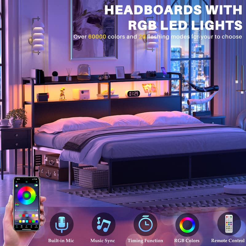Headboard with Storage Drawers and LED Light, Head Board with Outlets, USB Ports