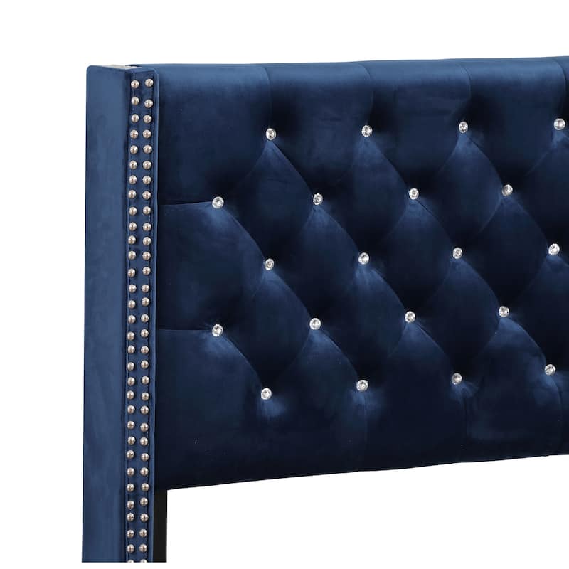 Upholstered Bed Frame, Navy Blue Tufted Bed with Nailhead Trim, Luxurious Bedroom Bed, 66x86 Inch