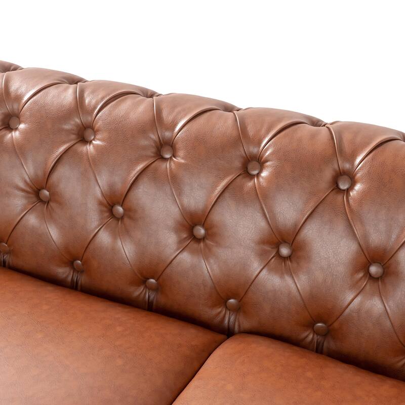 Large Comfy Sectional Sofa, Retro, Light Brown PU, Wooden Legs, 104x104x28", 233 lbs