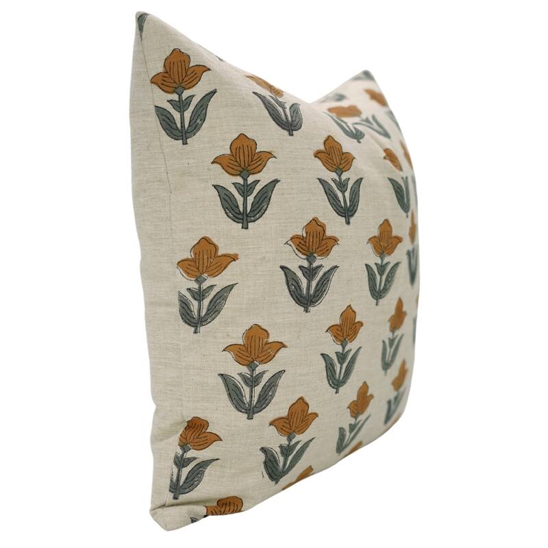 Fabdivine Hand Block Print Floral Pillow Cover Linen Cushion Case for Sofa Guest Room Fall Home Accent Gift, Shehjan