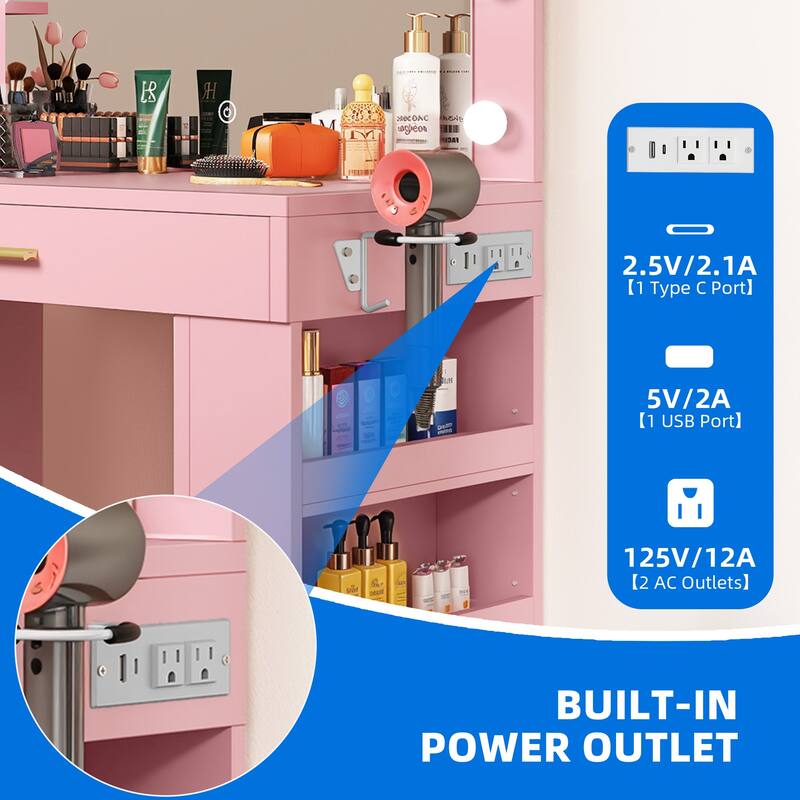 Moasis 40" Makeup Vanity with Mirror and Lighted ,Vanity Table with Power Outlet and 4 Drawers & Storage Shelves