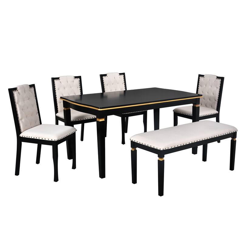 Kitchen Dining Table Set, Dining Room Table Set for 6 with Rectangular Table, Bench and 4 High Back Tufted Chairs
