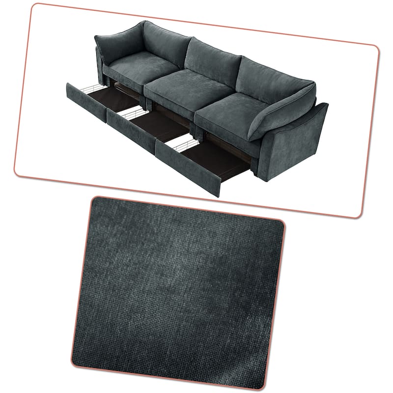 Chenille Fabric Upholstered Three-Seater Sofa with Three Under-Seat Drawers