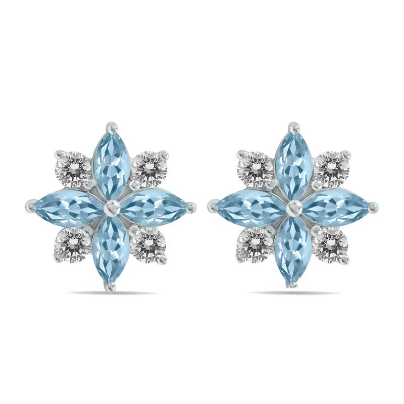 Marquee 1 Carat TW Aquamarine and Diamond Flower Earrings in 10K White Gold