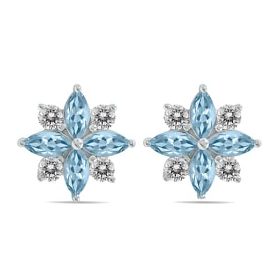 Marquee 1 Carat TW Aquamarine and Diamond Flower Earrings in 10K White Gold