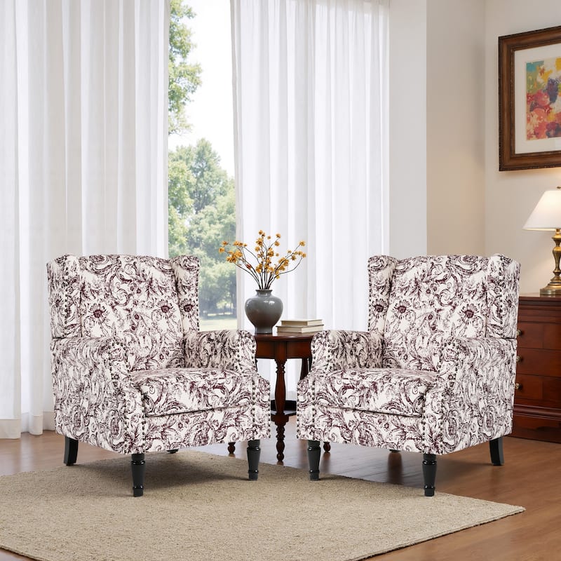 2 Set Traditional Patterned Wingback Accent Chairs with NailHead