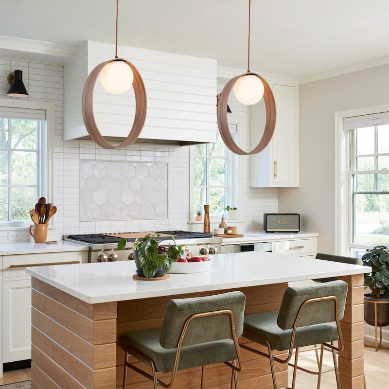 12-in Modern Wood Pendant Light Opal Glass Globe Kitchen Hanging Lamp - Dia.12-in