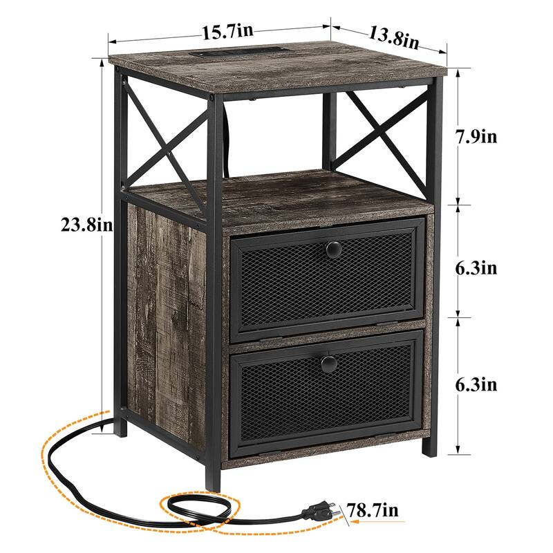 Set of 2 Nightstand End Table with Charging Station & 2 Flip Drawers, 2 USB Ports & 2 Power Outlet
