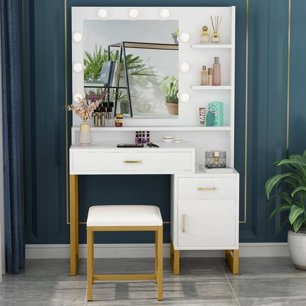 Makeup Vanity Table Stool Set with Mirror, Dressing Table with Drawer and Cabinet - On Sale - - 32639906