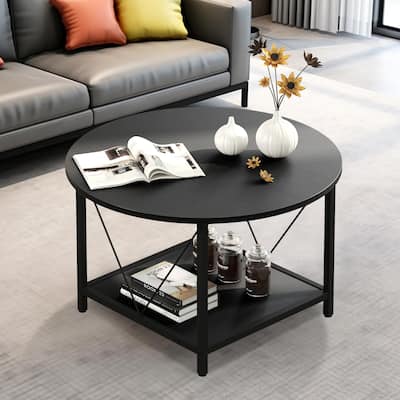 Round Coffee Table for Living Room, Rustic Circle Coffee Tables with Storage Shelf, Modern Farmhouse Coffee Cocktail Tables