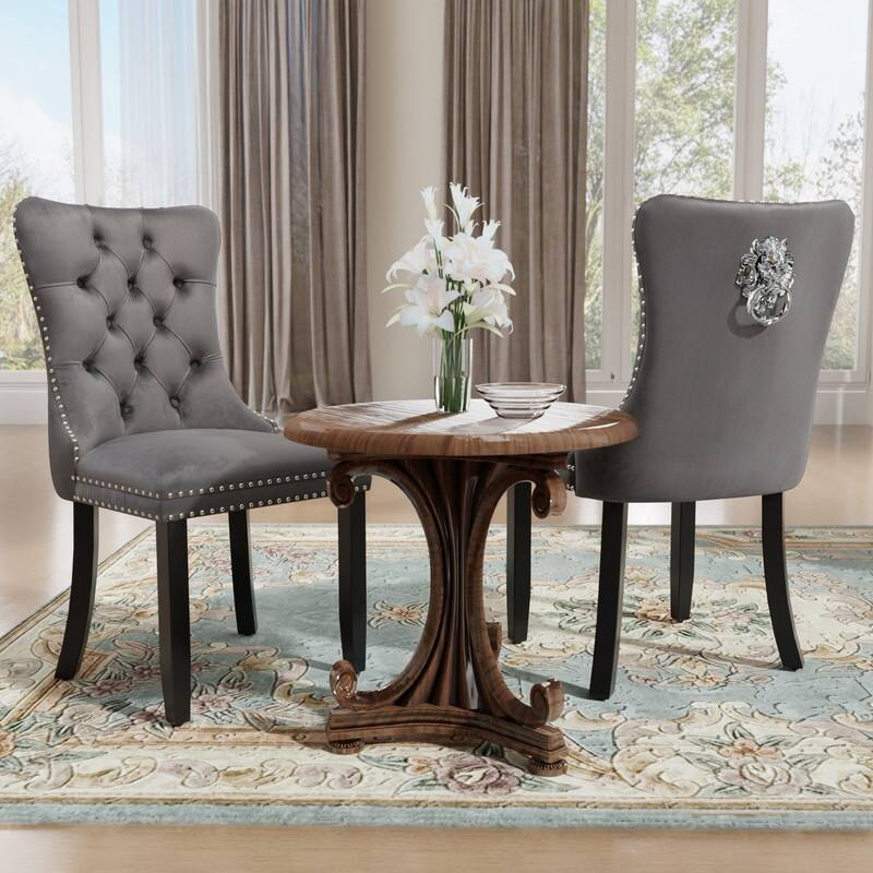 Solid Wood Velvet Upholstered Dining Chair Set of 2 - Grey