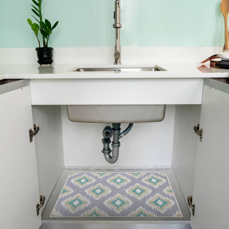 Under Sink Mat - Ultra-Absorbent Cotton Shelf Liners For Kitchen Cabinets - 2X3 feet - Light Teal/Gray