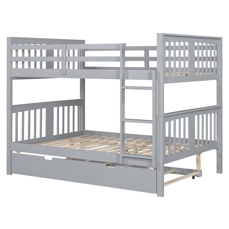 Full over Full Bunk Bed with Twin Size Trundle and Ladder-Gray