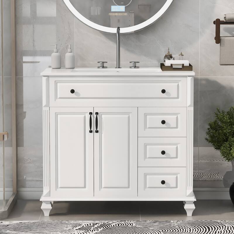 36" Bathroom Vanity with Sink - Solid Wood Cabinet with Flip Drawer, 3 Drawers & 2 Doors, Gold Handles, Modern Vanity - White